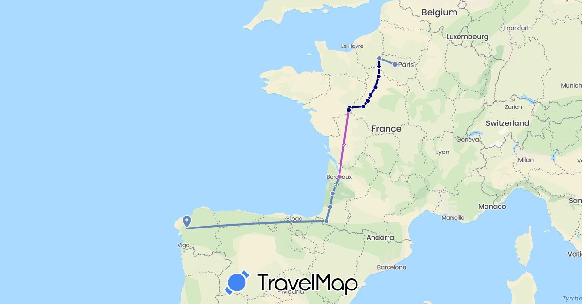 TravelMap itinerary: driving, cycling, train in Spain, France (Europe)